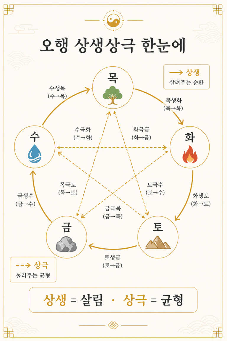 오행 상생상극 한눈에 보기 — 목화토금수 상생·상극 관계 인포그래픽