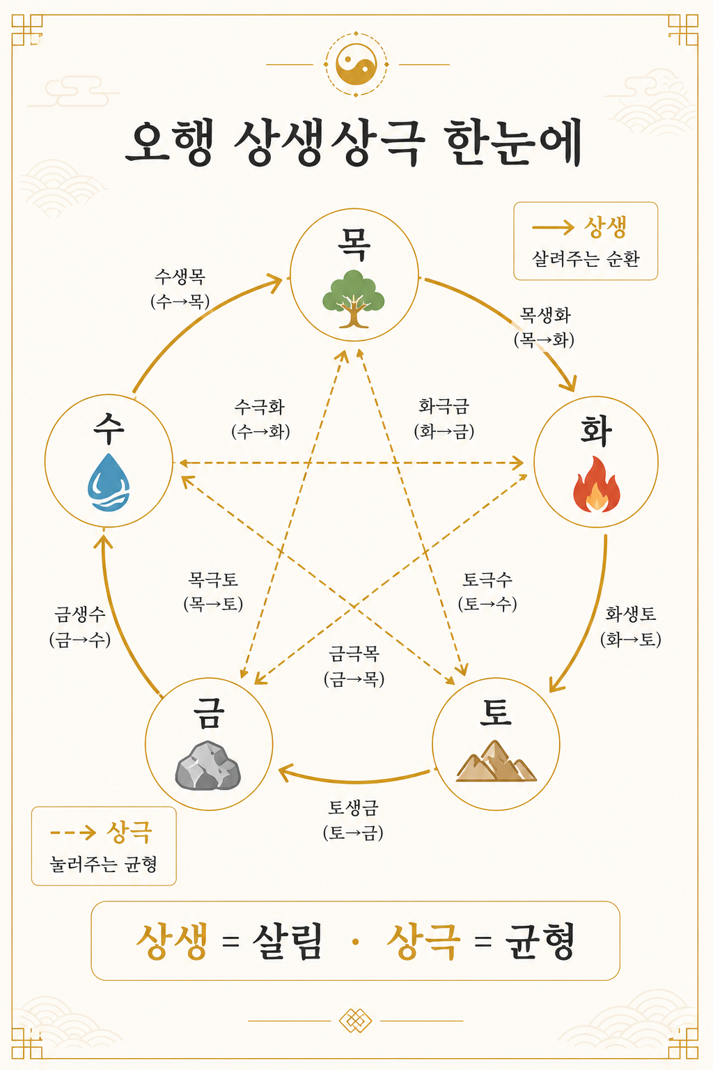 오행 상생상극 한눈에 보기 — 목화토금수 상생·상극 관계 인포그래픽