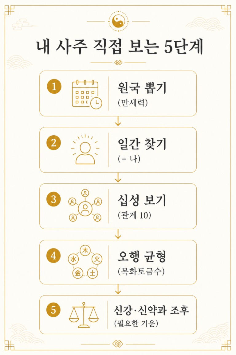 사주팔자 보는 법 5단계 — 원국·일간·십성·오행·신강신약 인포그래픽