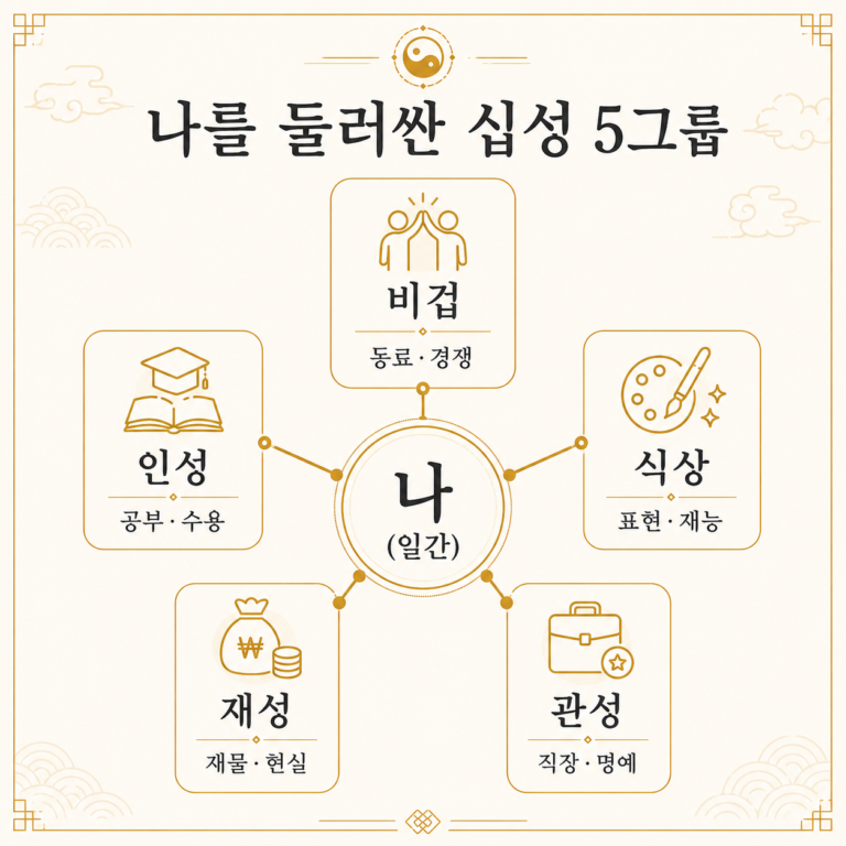 십성 5그룹 — 비겁·인성·식상·재성·관성 인포그래픽