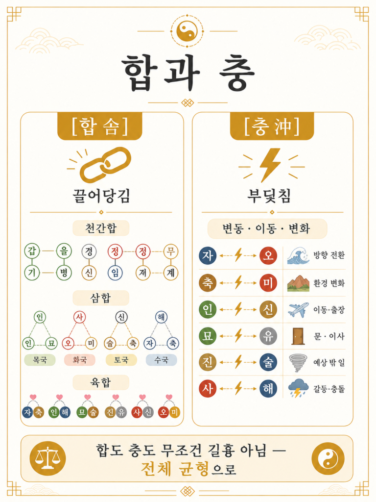 합과 충 — 끌어당김(합)과 부딪침(충) 인포그래픽