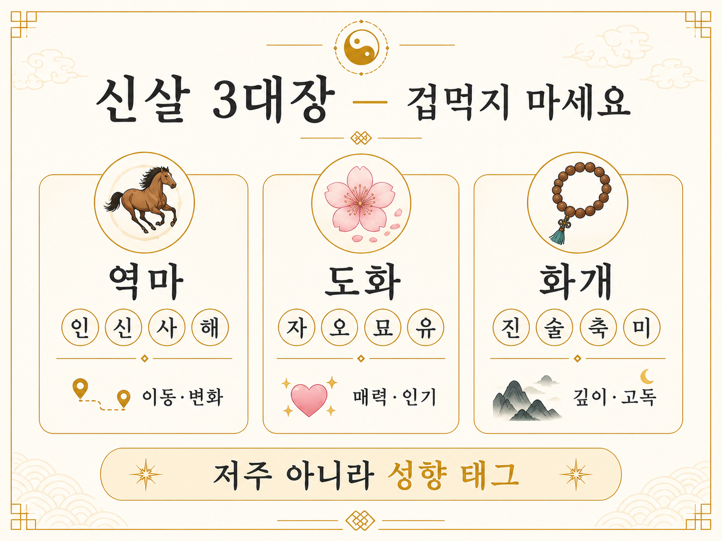 신살 3대장 — 역마·도화·화개 인포그래픽